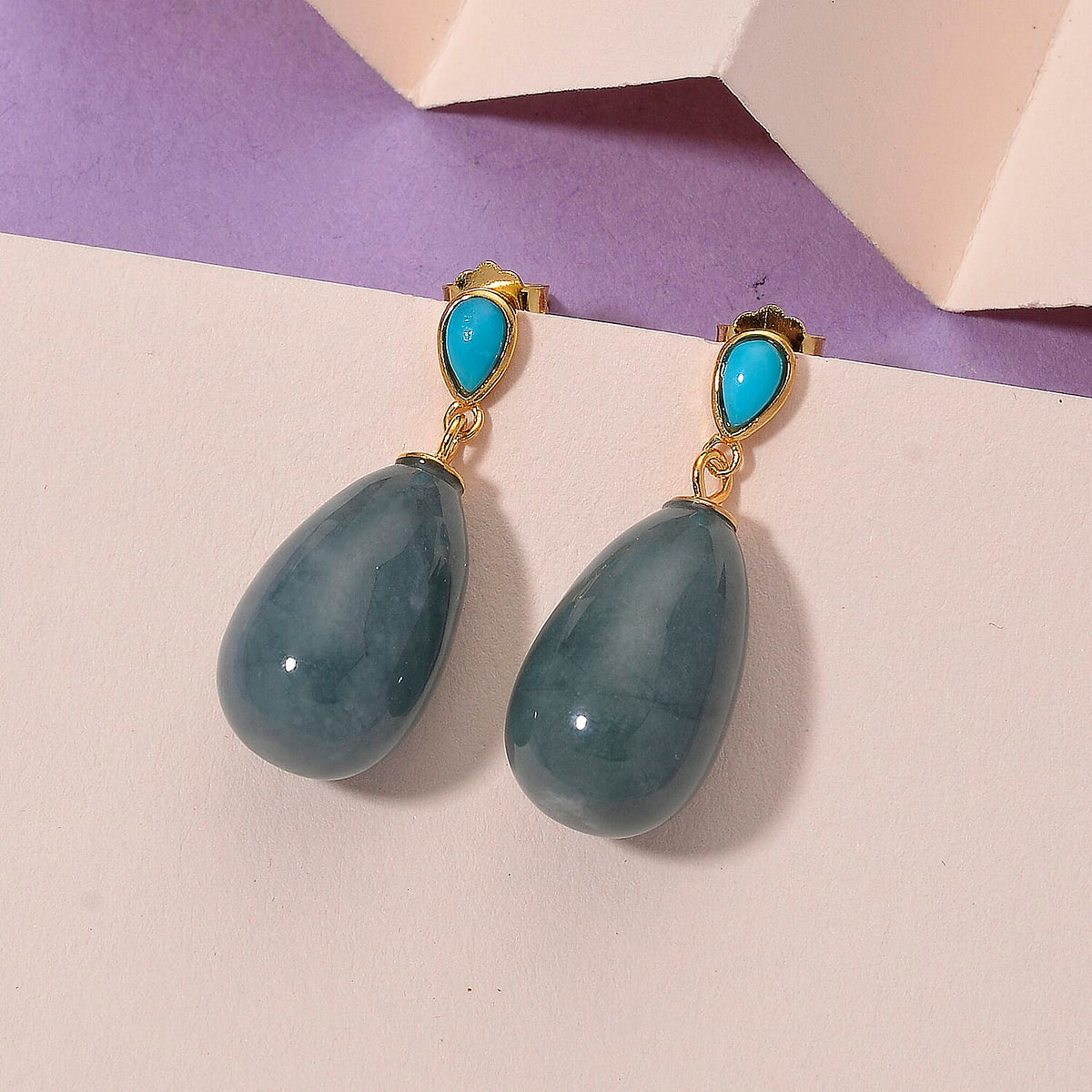Olmec Jadeite, Sleeping Beauty Turquoise Drop Earring with Push Back in Yellow Gold Plated Sterling Silver 40.25 Ct. 8217290 1