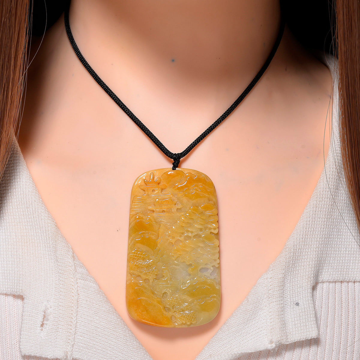 Type A Natural Bi Colour Honey Jade Hand Carved Necklace with Cotton Thread (Size 30 Adjustable) 270.00 Ct. 8242391 2