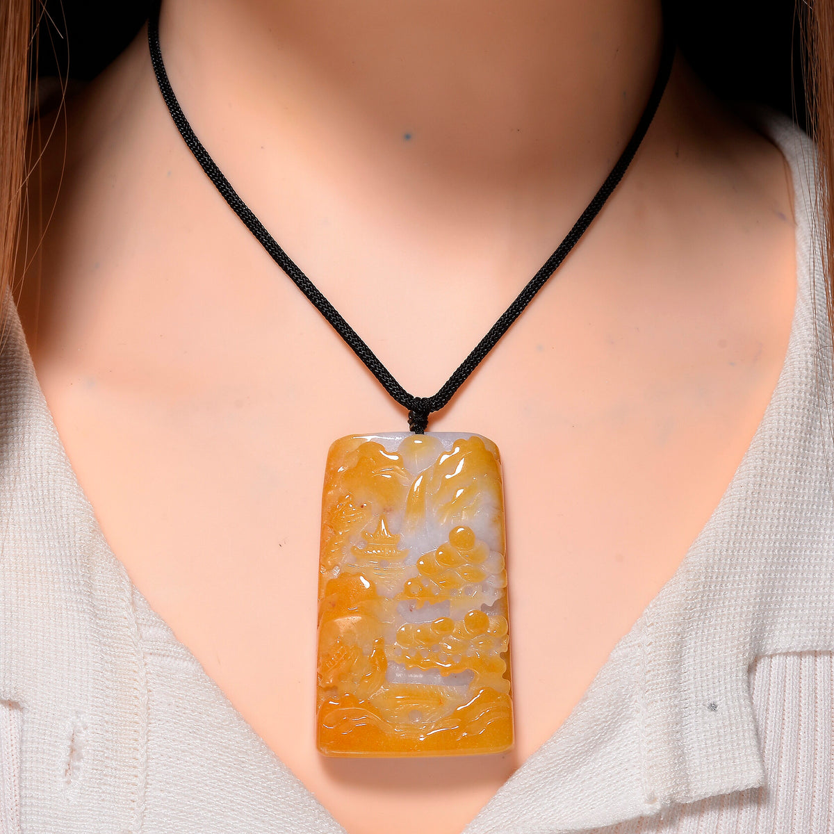 Type A Natural Bi Colour Honey Jade Hand Carved Necklace with Cotton Thread (Size 32 Adjustable) 315.00 Ct. 8242401 1