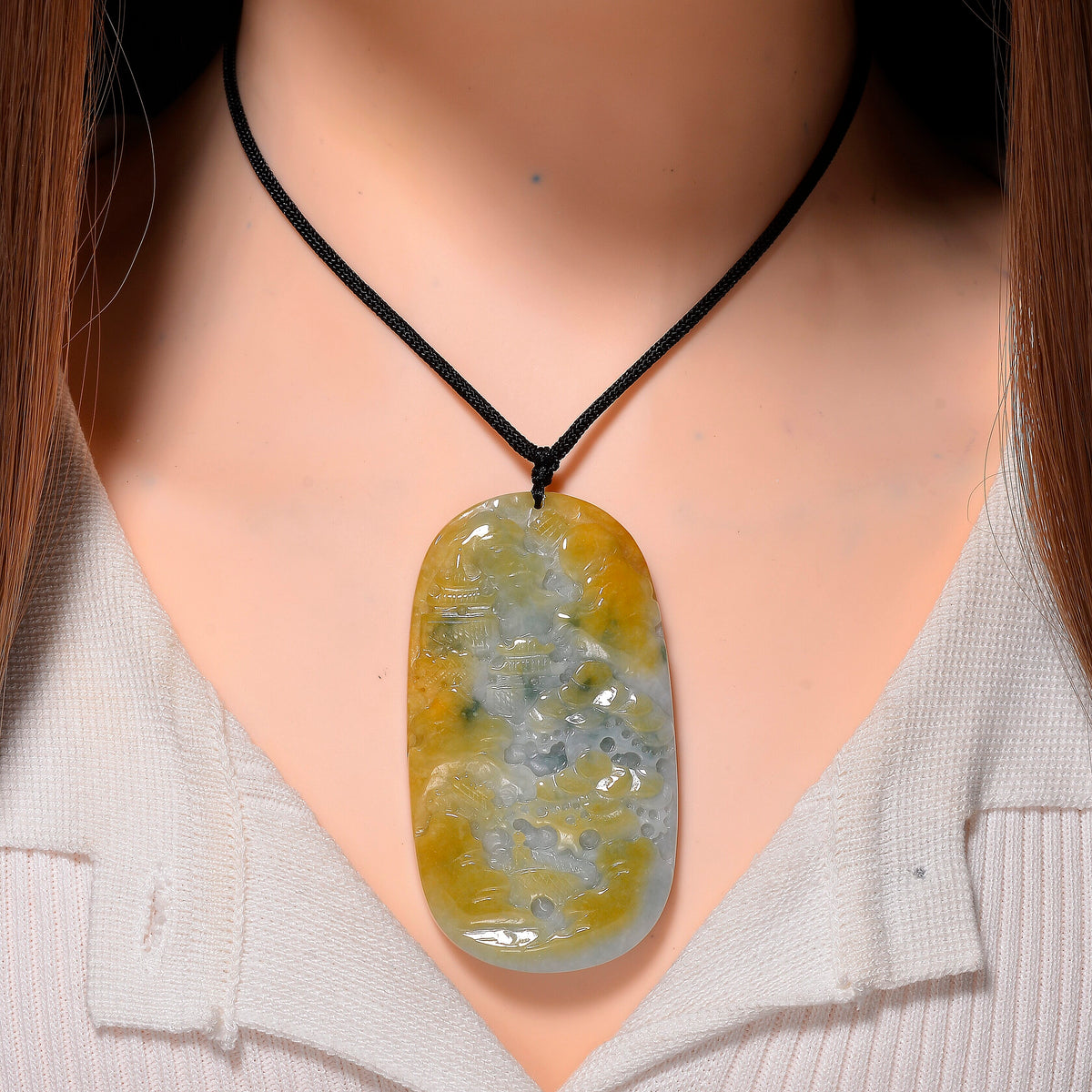 Type A Natural Bi Colour Honey Jade Hand Carved Necklace with Cotton Thread (Size 30 Adjustable) 330.00 Ct. 8242404 1
