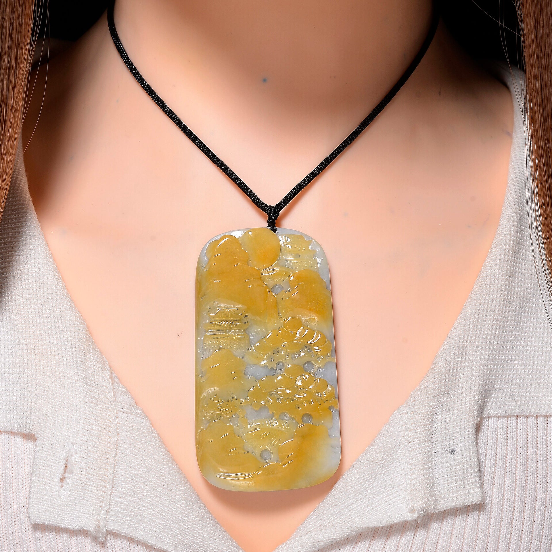 Type A Natural Bi Colour Honey Jade Hand Carved Necklace with Cotton Thread (Size 30 Adjustable) 8242389 2