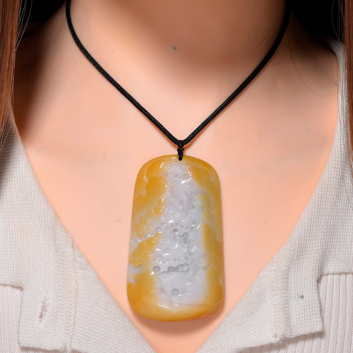 Type A Natural Bi Colour Honey Jade Hand Carved Necklace with Cotton Thread (Size 30 Adjustable) 380.00 Ct. V32540219 2