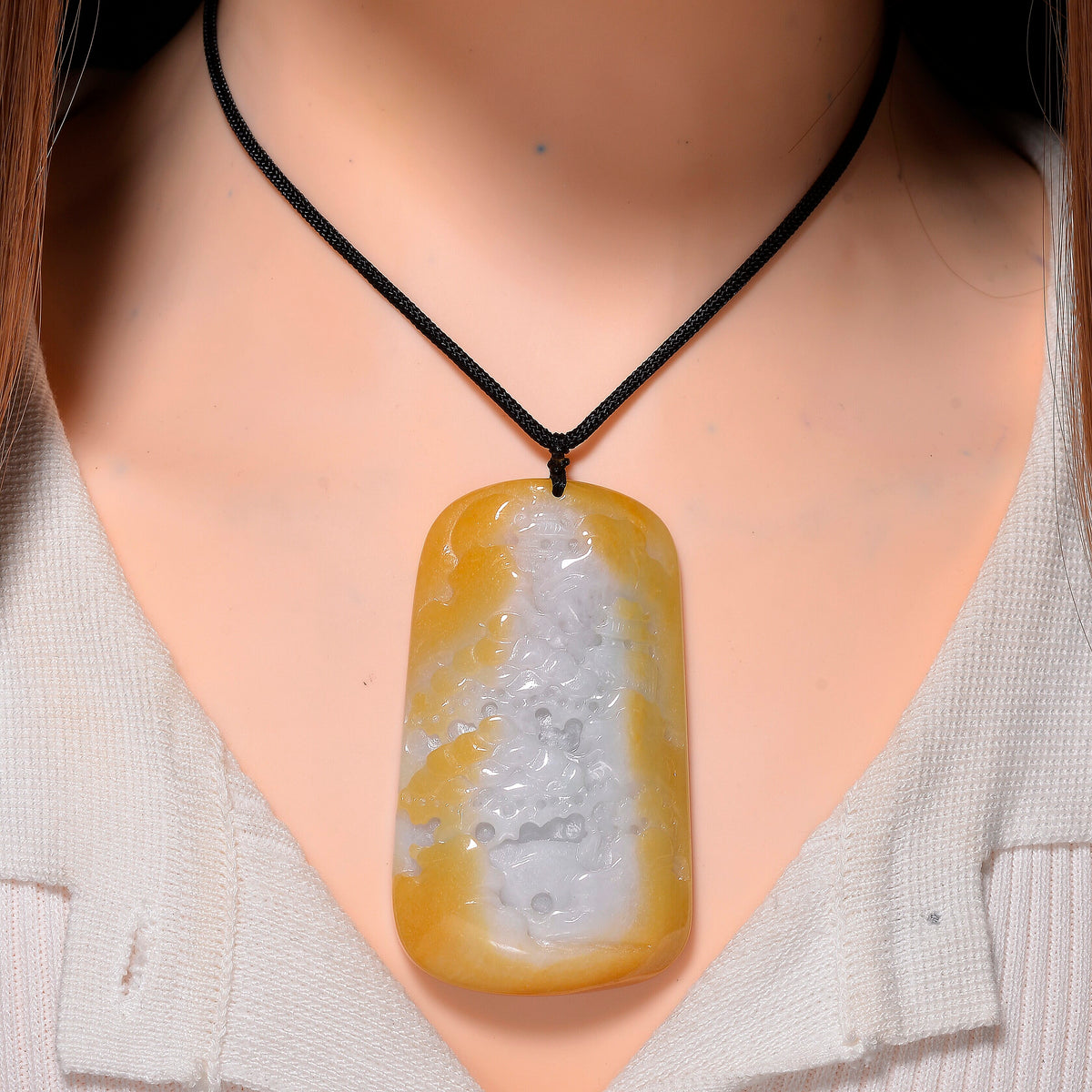 Type A Natural Bi Colour Honey Jade Hand Carved Necklace with Cotton Thread (Size 30 Adjustable) 380.00 Ct. V32540219 2