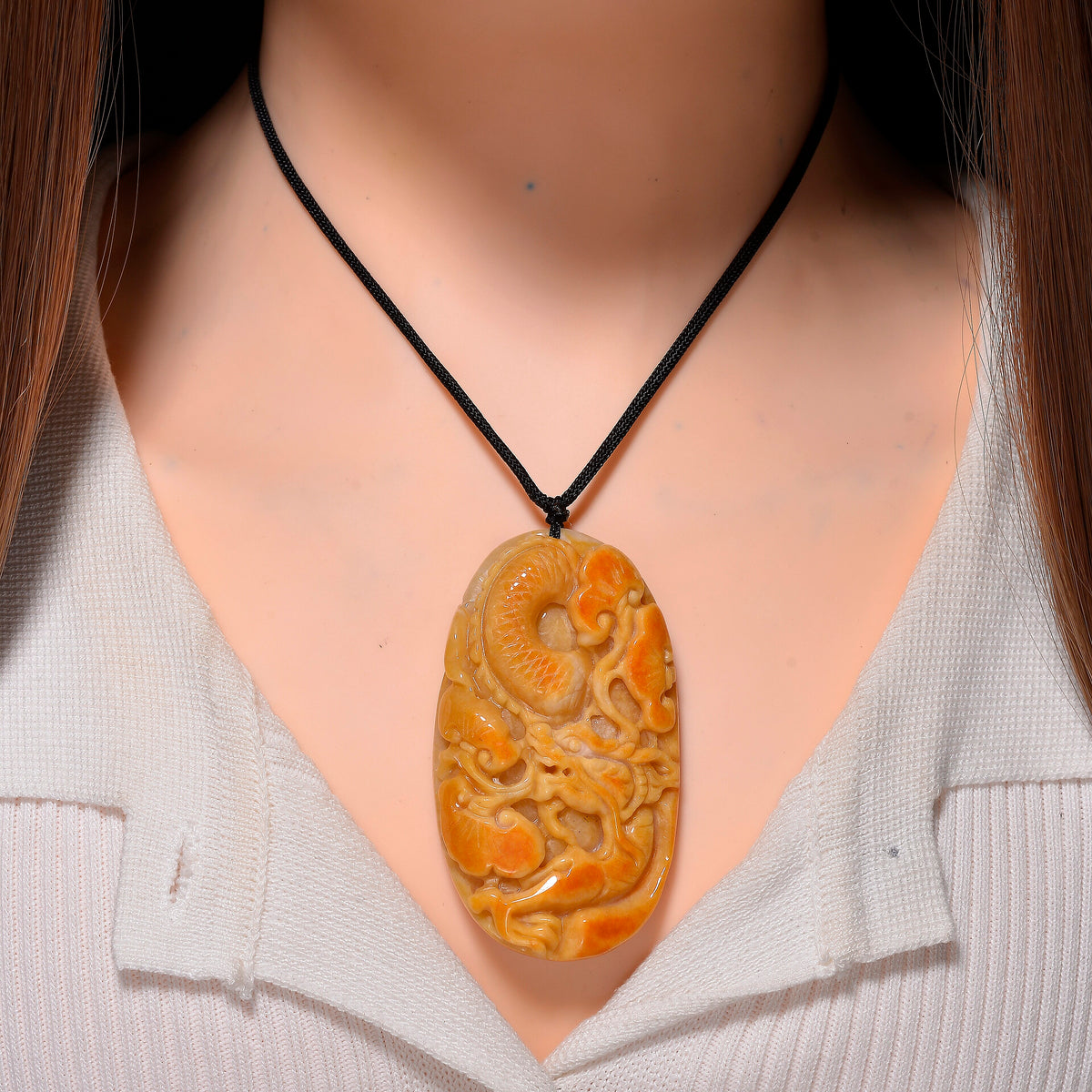 Type A Natural Bi Colour Honey Jade Hand Carved Necklace with Cotton Thread (Size 28 Adjustable) 8242387 1