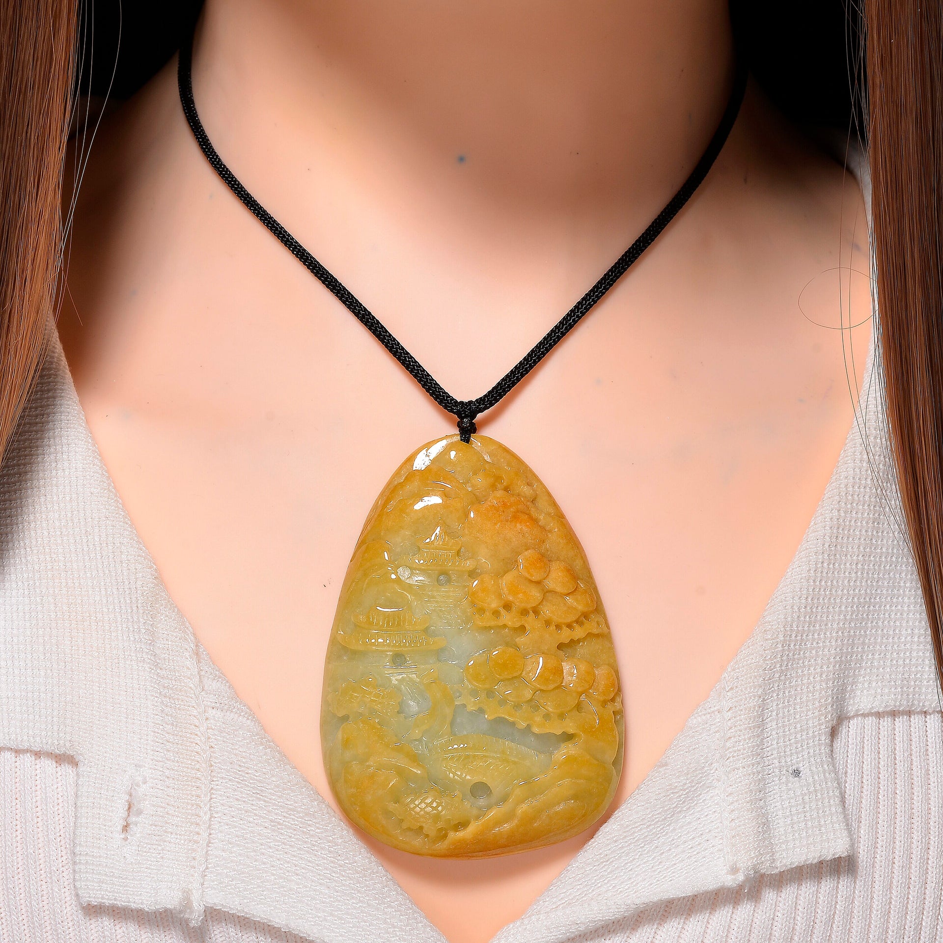 Type A Natural Bi Colour Honey Jade Hand Carved Necklace with Cotton Thread (Size 30 Adjustable) 452.00 Ct. 8242400 1