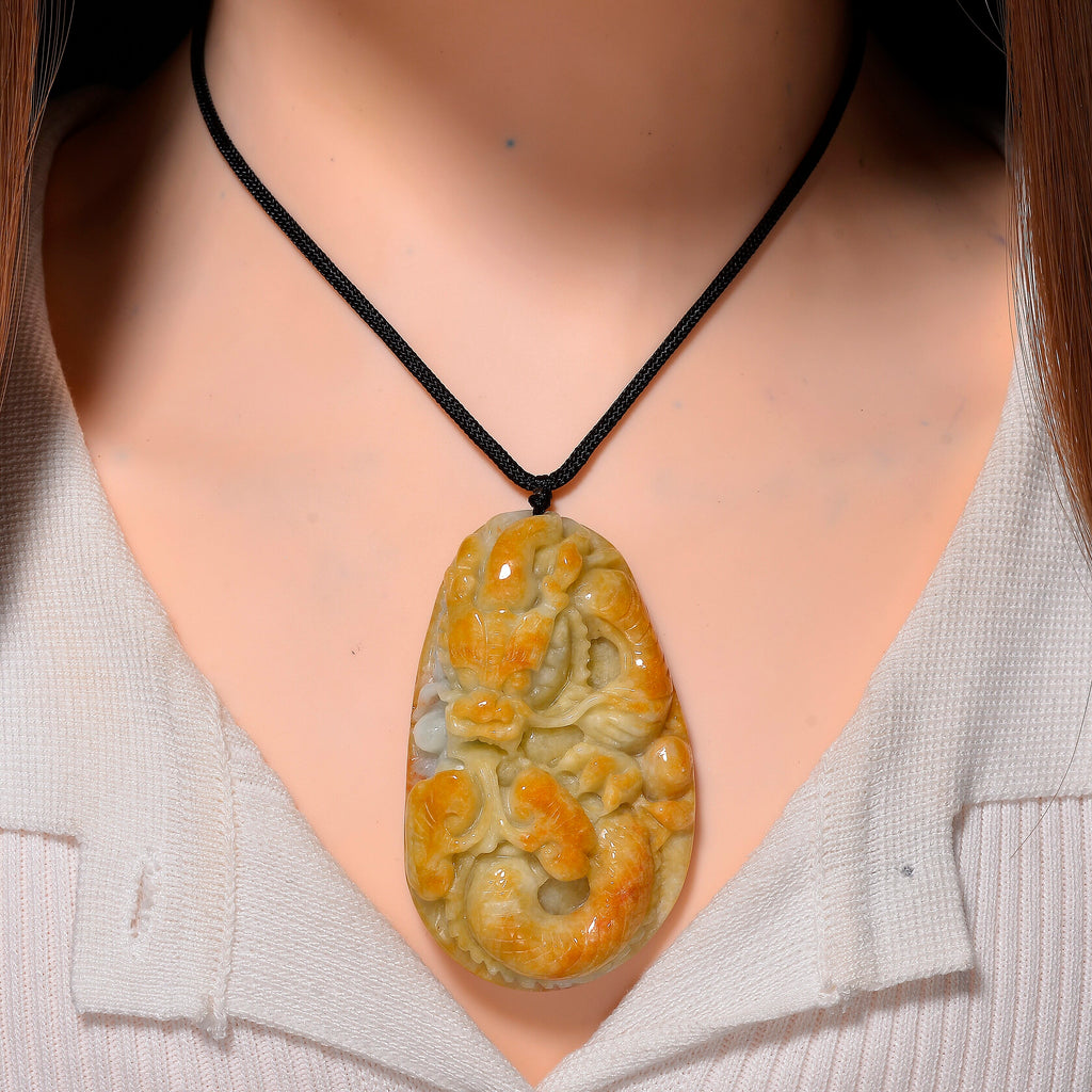 Type A Natural Bi Colour Honey Jade Dragon  Necklace with Cotton Thread (Size 30 Adjustable) 460.00 Ct.