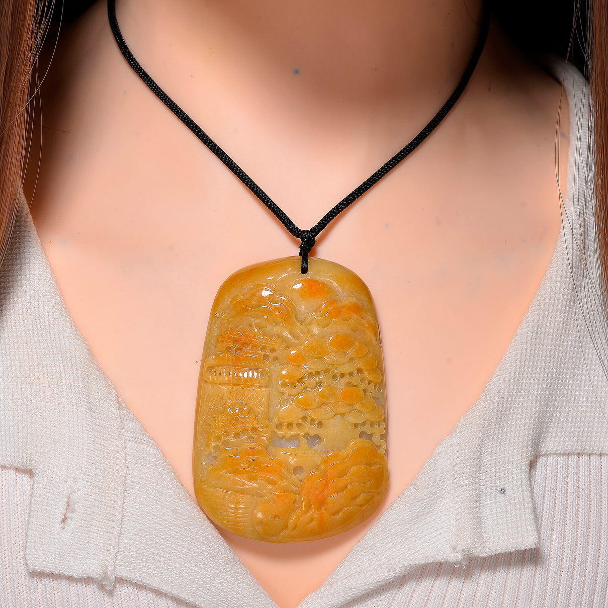 Type A Natural Bi Colour Honey Jade Hand Carved Necklace with Cotton Thread (Size 30 Adjustable) 480.00 Ct. 8242393 1