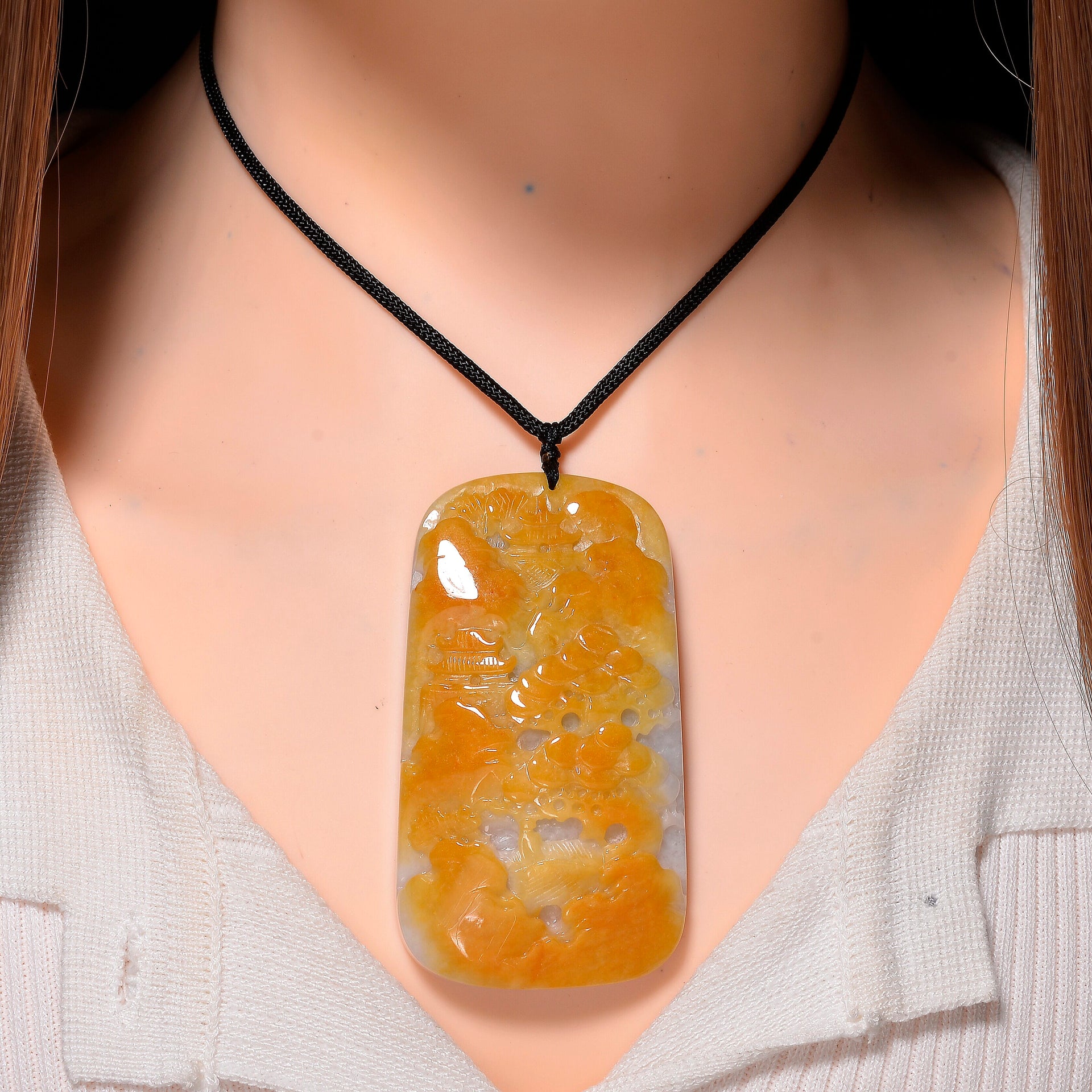 Type A Natural Bi Colour Honey Jade Hand Carved Necklace with Cotton Thread (Size 30 Adjustable) 515.00 Ct. 8242403 1