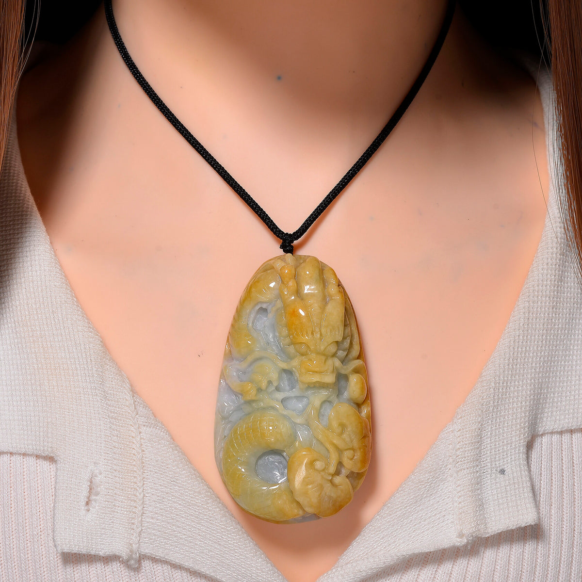 Type A Natural Bi Colour Honey Jade Dragon Necklace with Cotton Thread (Size 30 Adjustable) 560.00 Ct. 8242375 1