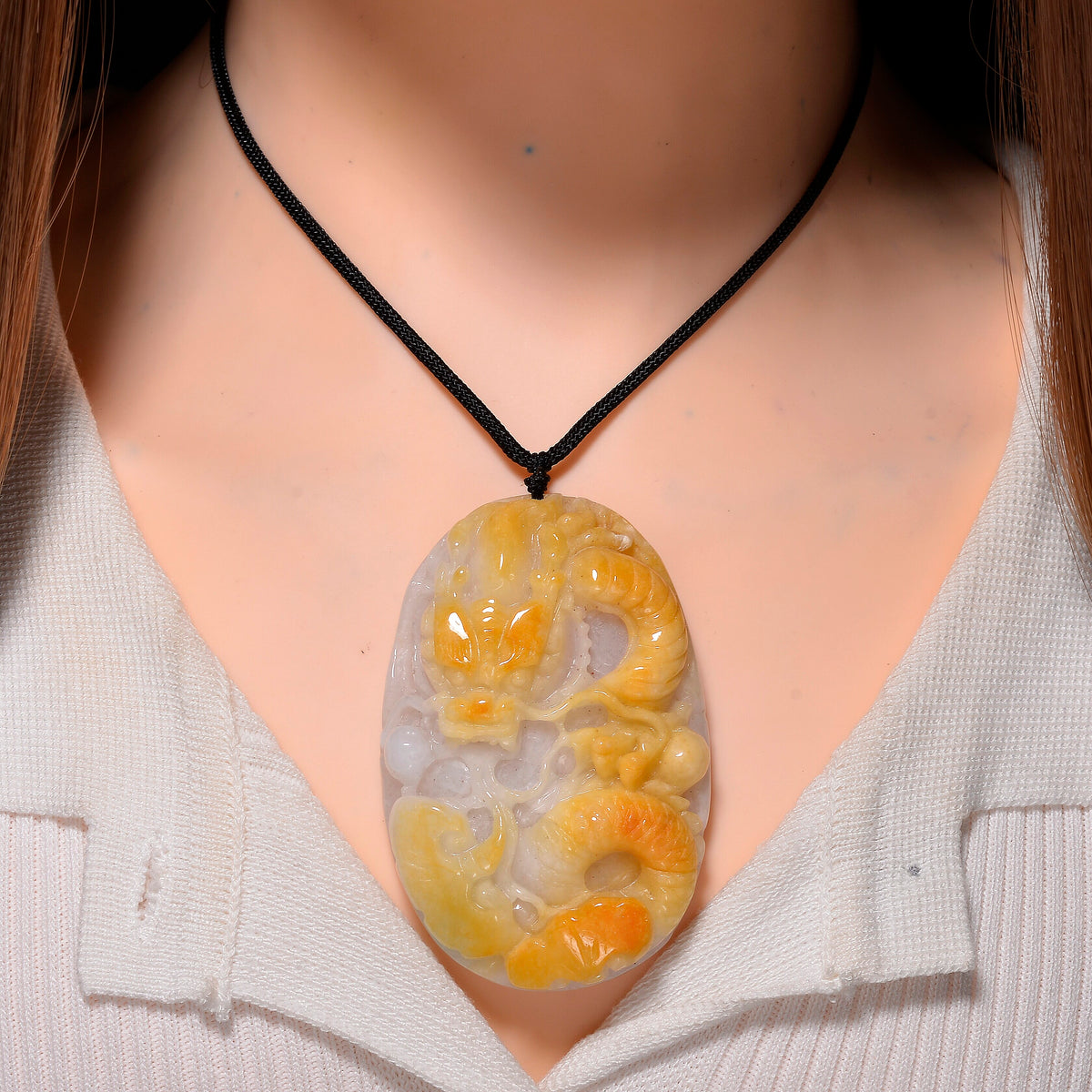 Type A Natural Bi Colour Honey Jade Hand Carved Necklace with Cotton Thread(Size 30 Adjustable) 610.00 Ct. 8242382 1