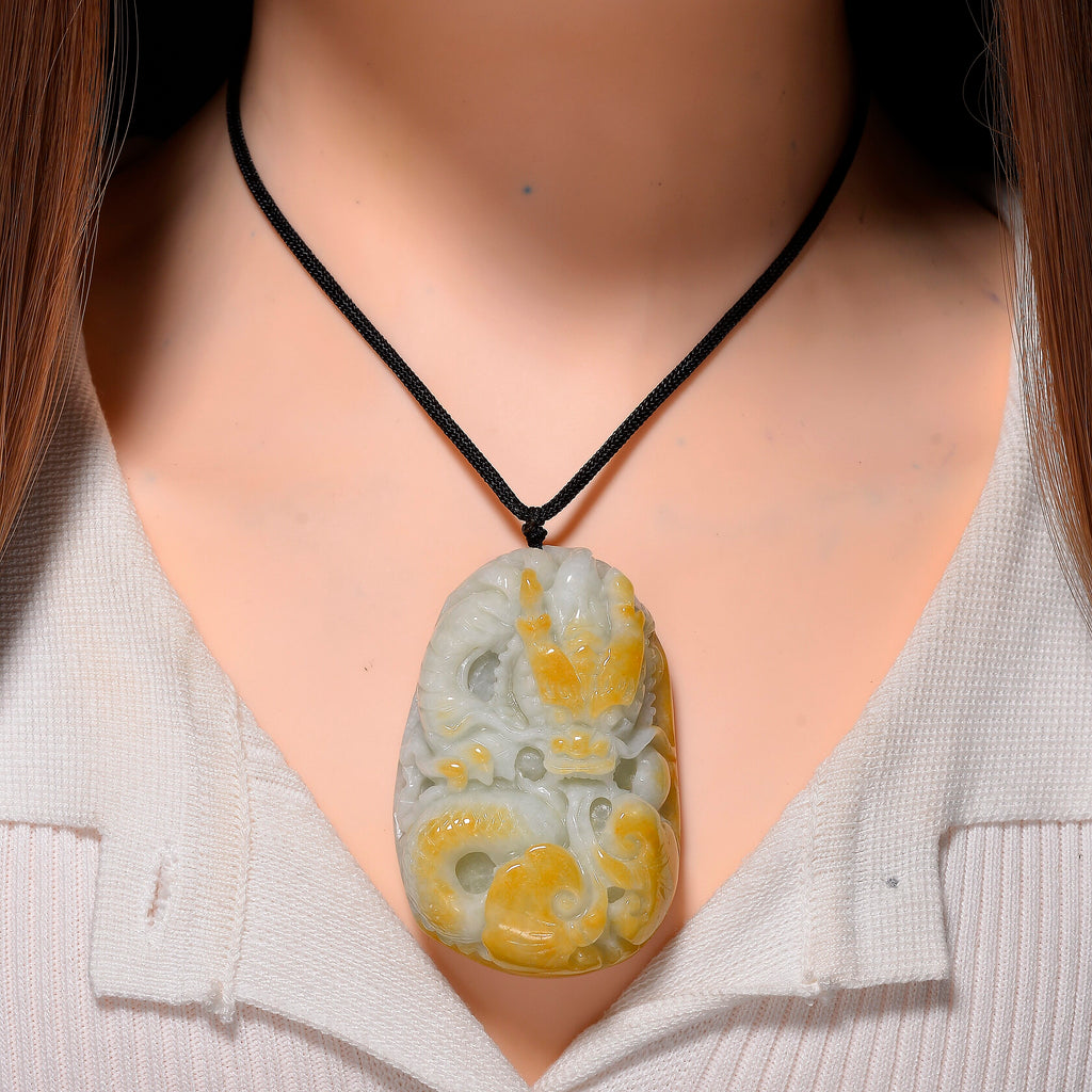 Type A Natural Bi Colour Honey Jade Dragon  Necklace with Cotton Thread (Size 32 Adjustable) 675.00 Ct.