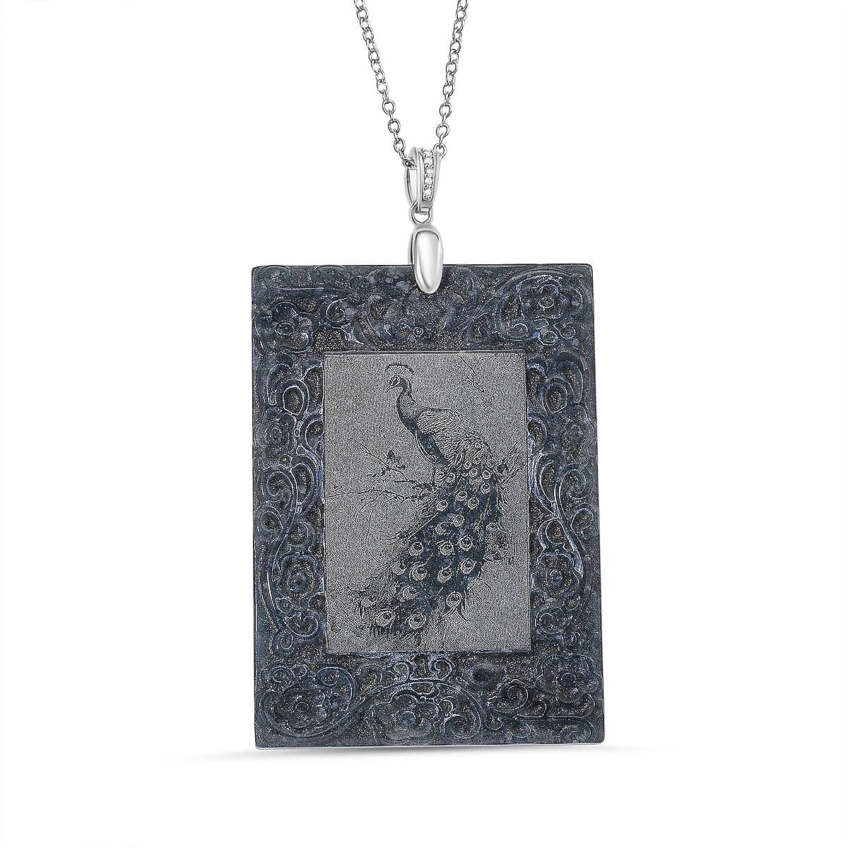 Olmec Jadeite, White Cubic Zirconia Peacock Pendant with Chain (Size 20) in Rhodium Overlay Sterling Silver 190 Ct. 4407038 0