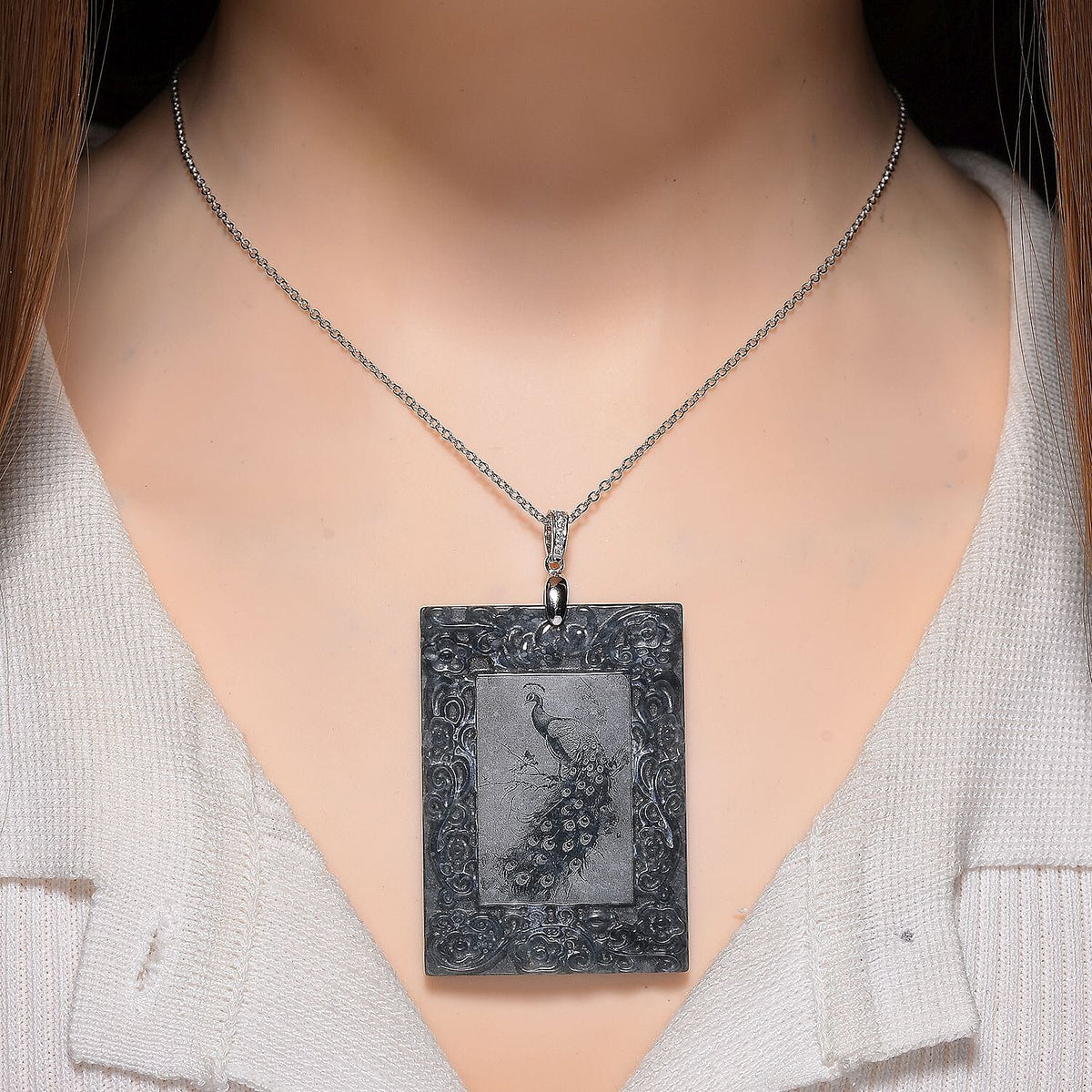 Olmec Jadeite, White Cubic Zirconia Peacock Pendant with Chain (Size 20) in Rhodium Overlay Sterling Silver 190 Ct. 4407038 2