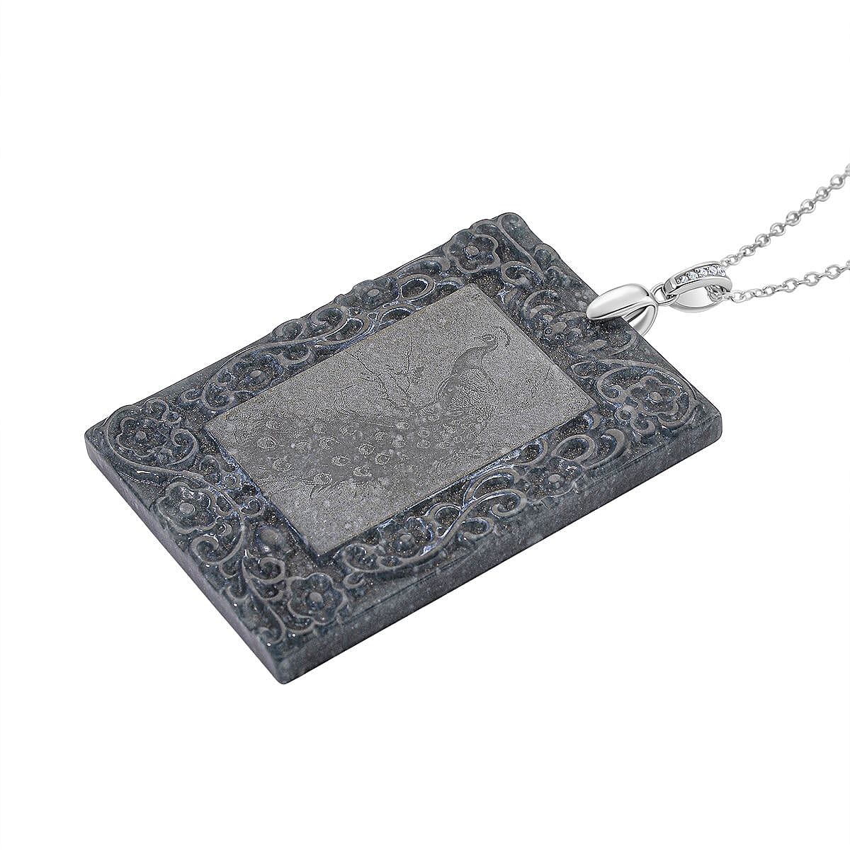 Olmec Jadeite, White Cubic Zirconia Peacock Pendant with Chain (Size 20) in Rhodium Overlay Sterling Silver 190 Ct. 4407038 3