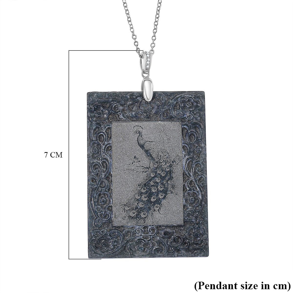 Olmec Jadeite, White Cubic Zirconia Peacock Pendant with Chain (Size 20) in Rhodium Overlay Sterling Silver 190 Ct. 4407038 6