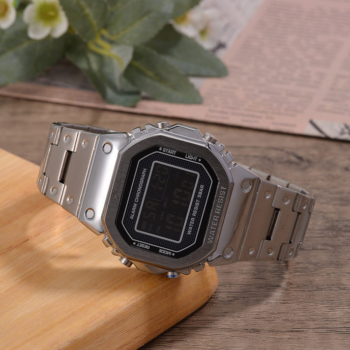 GENOA TIME V2 Japanese Movt. 5ATM Water Resistant Black Multifunctional LED Dial Watch with Silver Colour Stainless Steel Strap 7824469 2