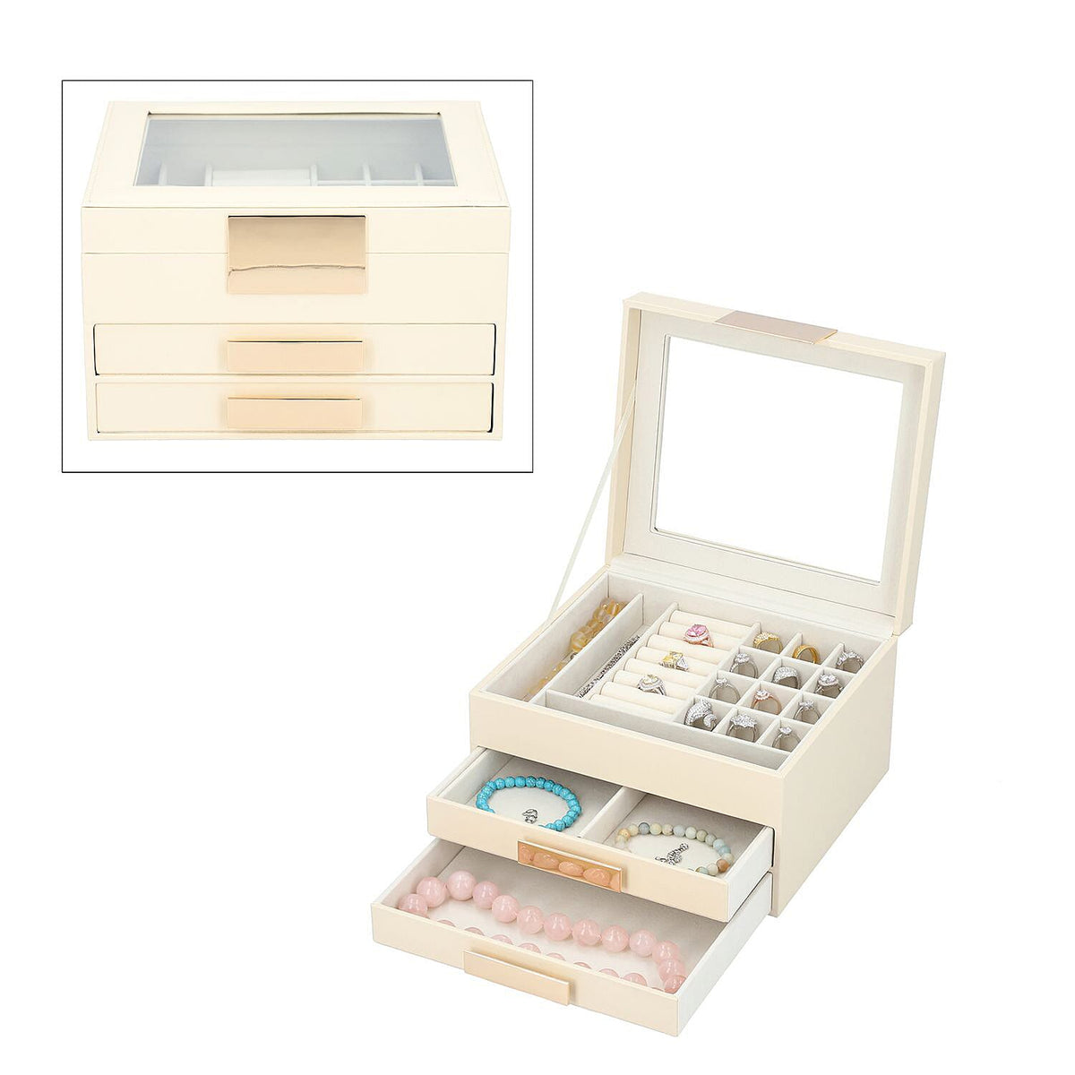 3 Layer Anti-Tarnish Jewellery Box with Transparent Glass Window at Top in Beige V32719625 0