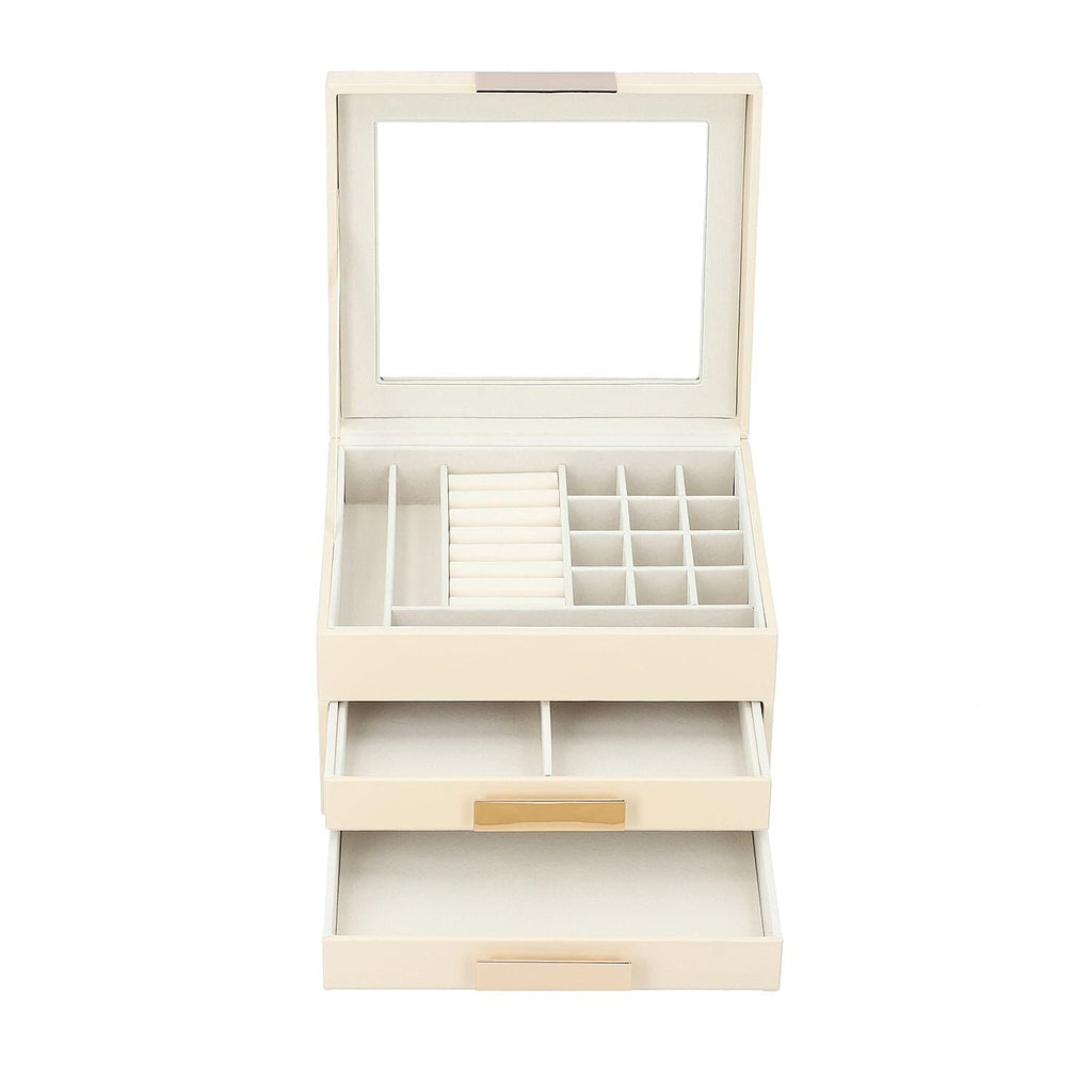 Three Layer Anti-Tarnish Jewellery Box with Transparent Glass Window at Top in Beige