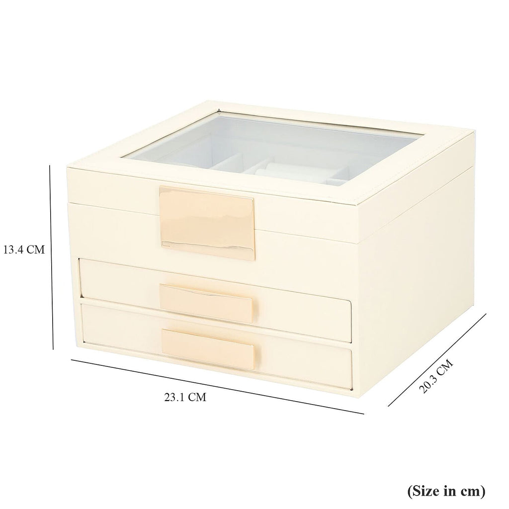 Three Layer Anti-Tarnish Jewellery Box with Transparent Glass Window at Top in Beige