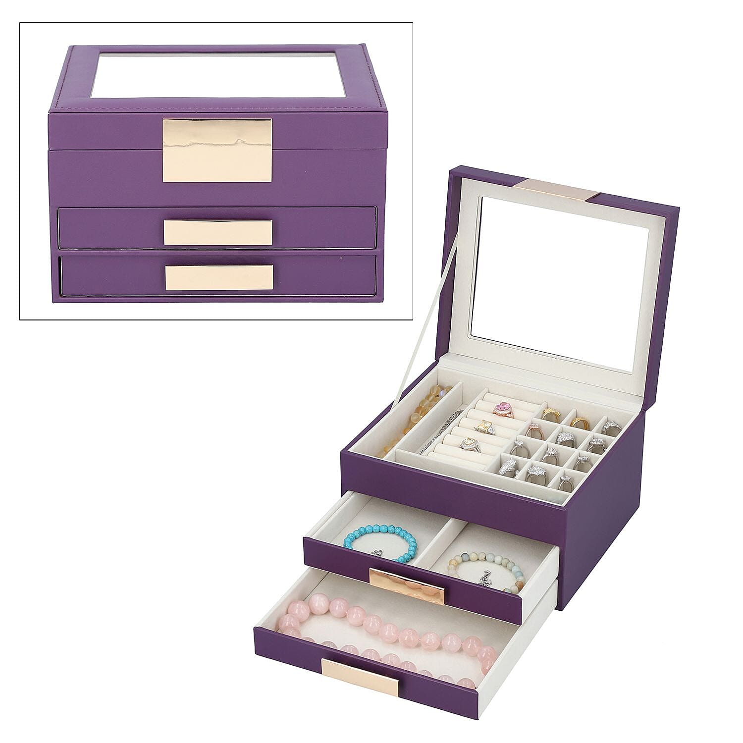 Three Layer Anti-Tarnish Jewellery Box with Transparent Glass Window at Top in Purple 7746316 6