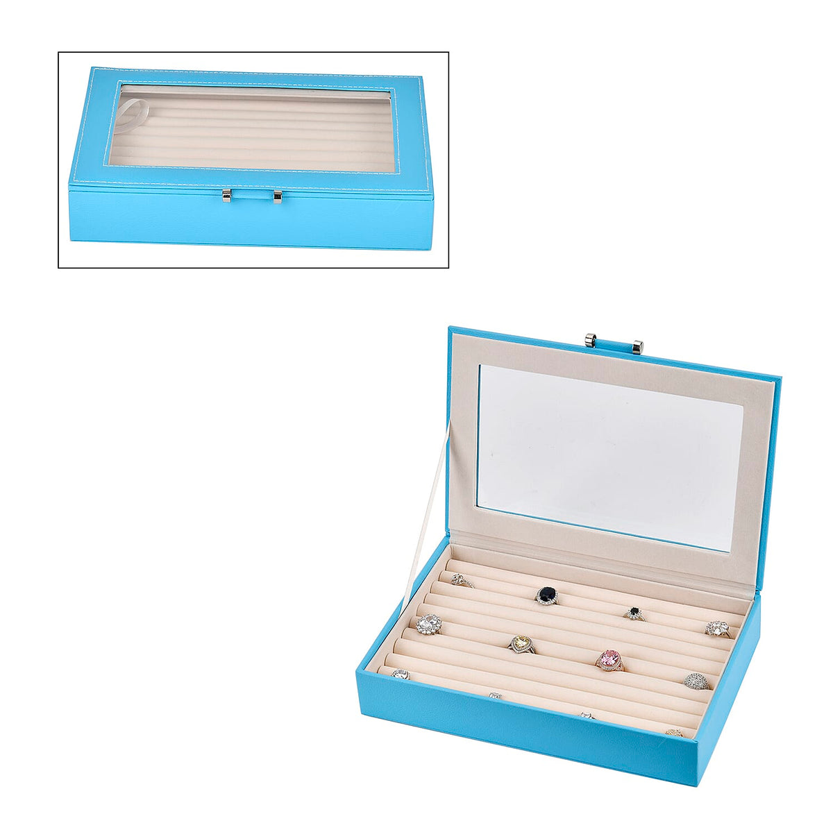 Turquoise Blue Stylish Ring Box with Glass Display &amp; Anti-Tarnish Lining (Holds up to 100 Rings) â€“ 10x7x2 cm 7771445 0