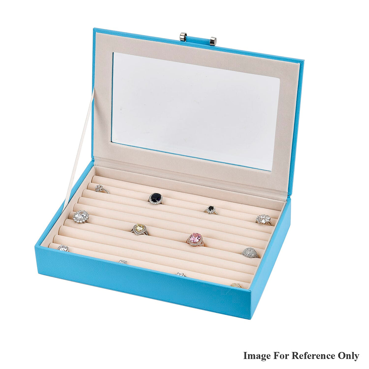 Turquoise Blue Stylish Ring Box with Glass Display &amp; Anti-Tarnish Lining (Holds up to 100 Rings) â€“ 10x7x2 cm 7771445 6