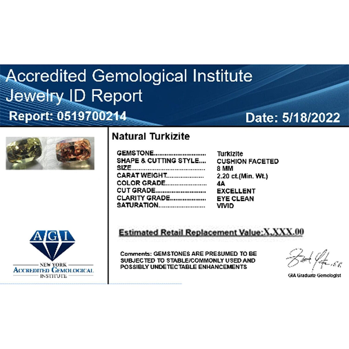 AGI Certified 2.2 Carat AAAA Turkizite Loose Gemstone in Cushion Cut 7148541 3