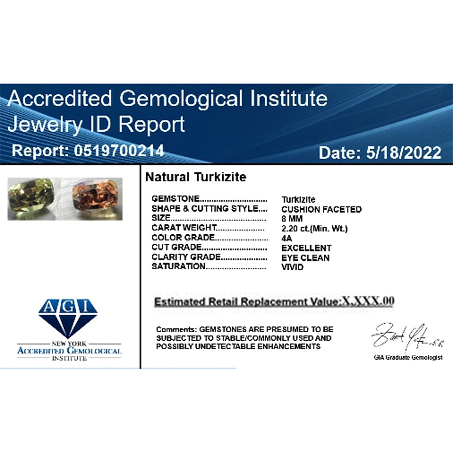 AGI Certified 2.2 Carat AAAA Turkizite Loose Gemstone in Cushion Cut 7148541 3