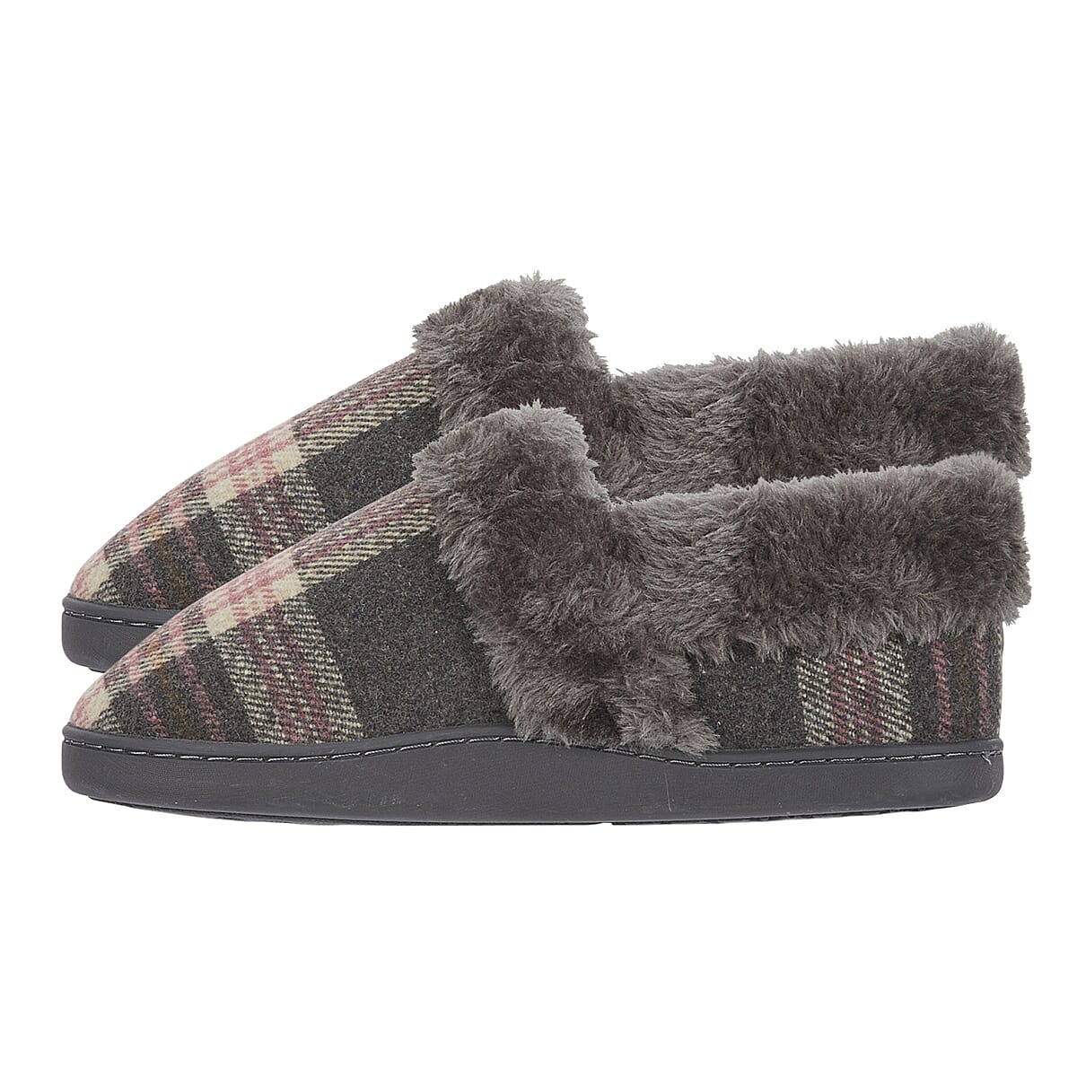 Jo - Joe Heritage Cosy Check Mule With Faux Fur Trim (Size 3) - Pebble 8332314 1