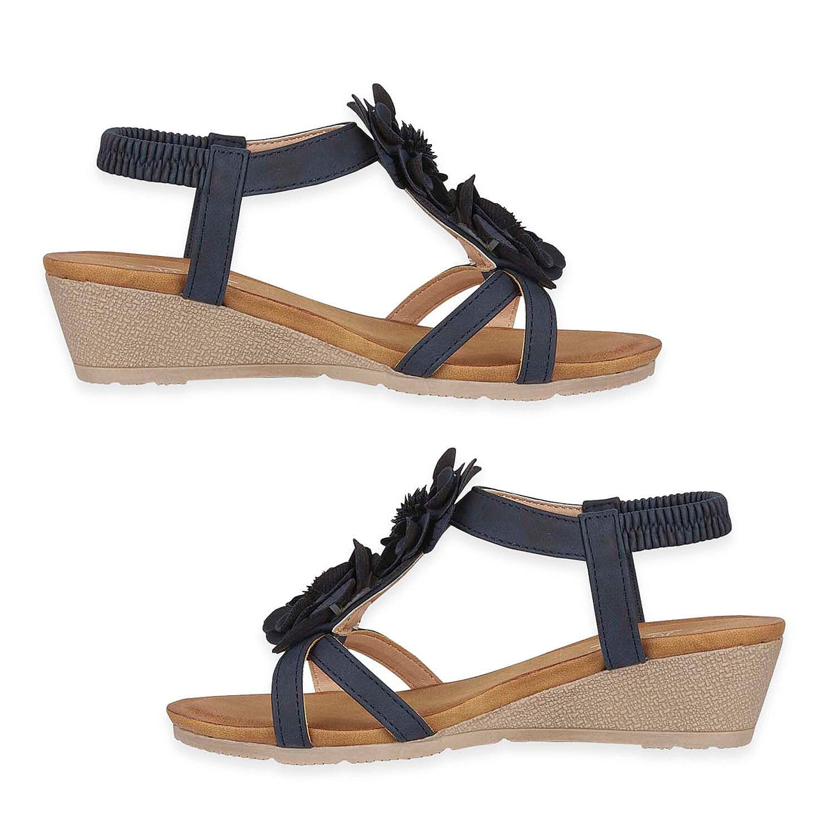 Jo &amp; Joe Bloomsbury Ladies Lightweight Wedge Sandal With Flower Trims And Elasticated Back Strap (Size 4) - Navy V32638761 1