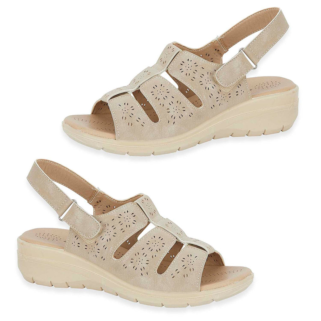 Shoetree Comfort Catania Womens Low Wedge Touch - Close Floral Pattern Cutout Design Sandals (Size - 6) - Beige