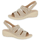 Shoetree Comfort Catania Womens Low Wedge Touch - Close Floral Pattern Cutout Design Sandals (Size - 6) - Beige