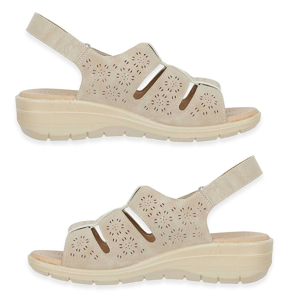 Shoetree Comfort Catania Womens Low Wedge Touch - Close Floral Pattern Cutout Design Sandals (Size - 6) - Beige
