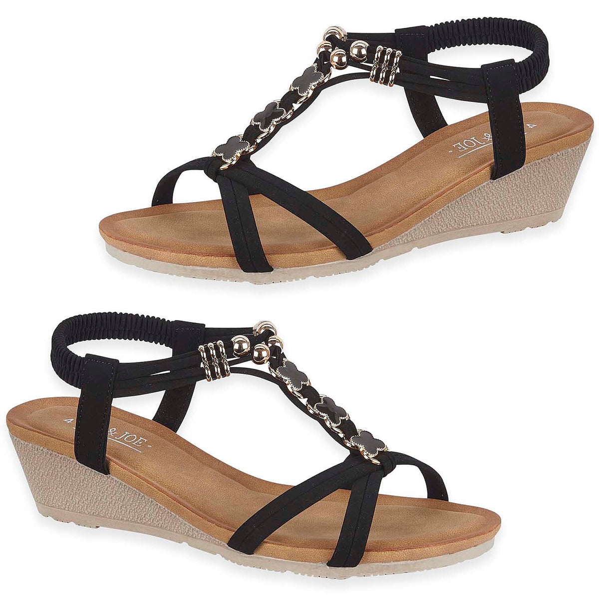 Jo &amp; Joe Mango Ladies Wedge Sandal With Beaded Trim  Embellishments And Elasticated Back Strap (Size 6) - Black V32577411 0