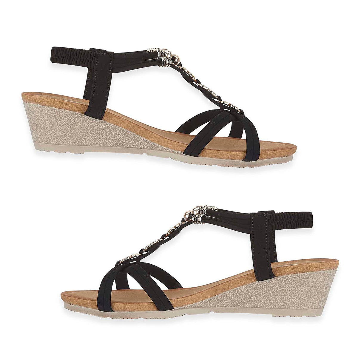 Jo &amp; Joe Mango Ladies Wedge Sandal With Beaded Trim  Embellishments And Elasticated Back Strap (Size 6) - Black V32577411 1