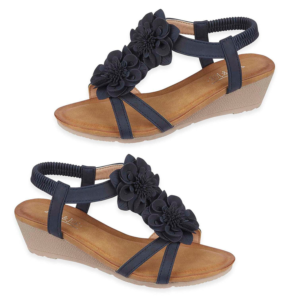Jo - Joe Bloomsbury Ladies Lightweight Wedge Sandal With Flower Trims And Elasticated Back Strap (Size 6) - Navy