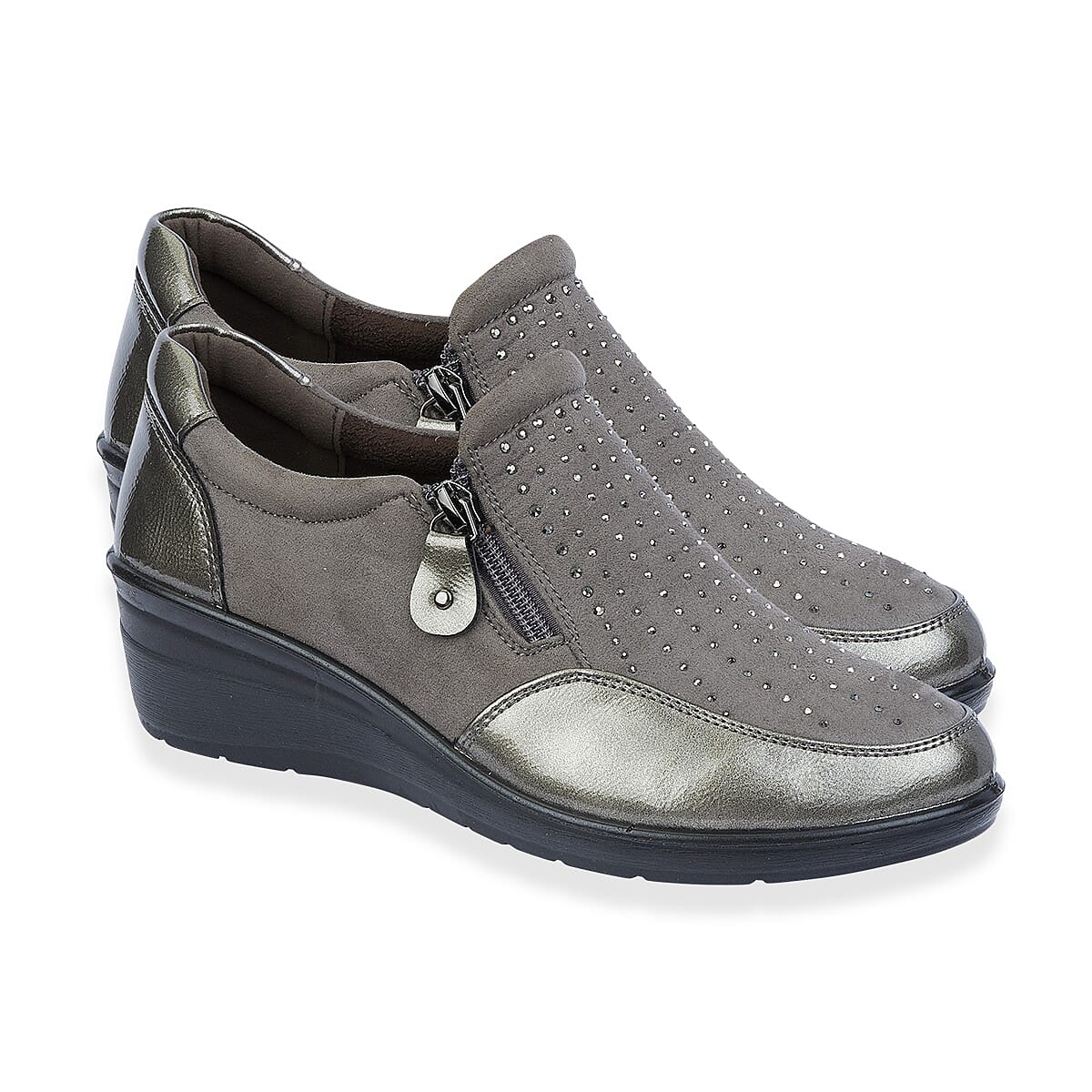Jo-Joe Jessica Wedge Shoe With Metallic Trim - Zip (Size 4) - Pewter 8363875 0