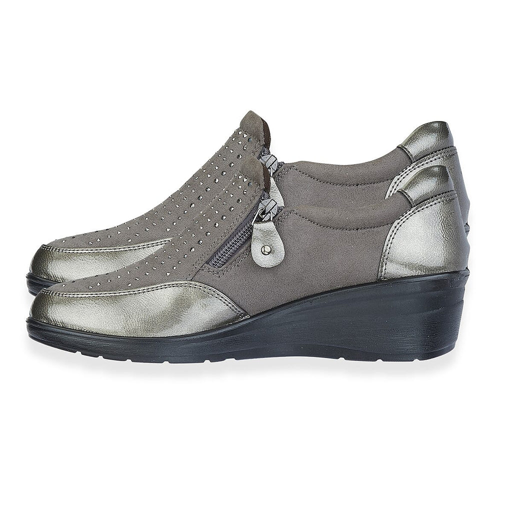 Jo-Joe Jessica Wedge Shoe With Metallic Trim - Zip (Size 5) - Pewter