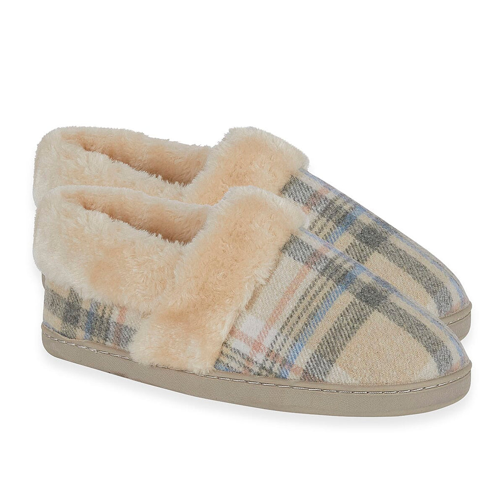 Jo - Joe Heritage Cosy Check Mule With Faux Fur Trim (Size 6) - Oatmeal