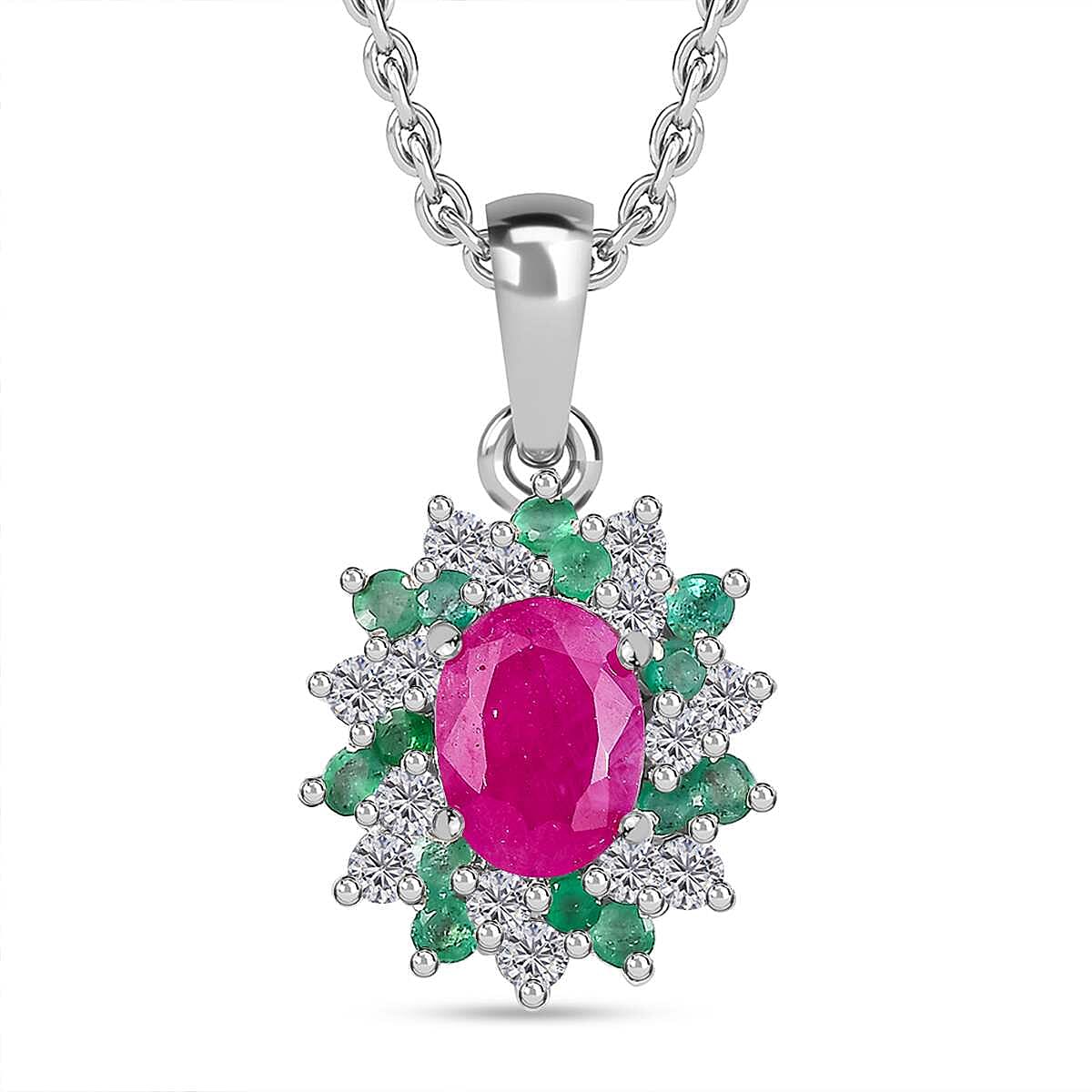 John Saul Ruby, Emerald and Moissanite Halo Pendant with Chain (Size 20) in Rhodium Overlay Sterling Silver 2.53 ct. 4290042 0