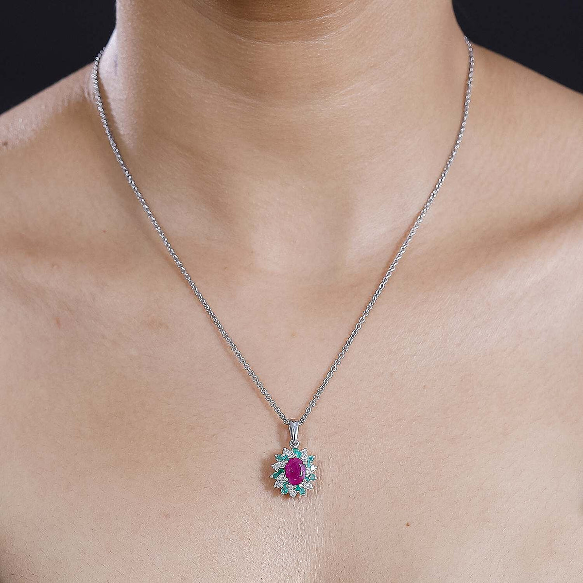 John Saul Ruby, Emerald and Moissanite Halo Pendant with Chain (Size 20) in Rhodium Overlay Sterling Silver 2.53 ct. 4290042 2