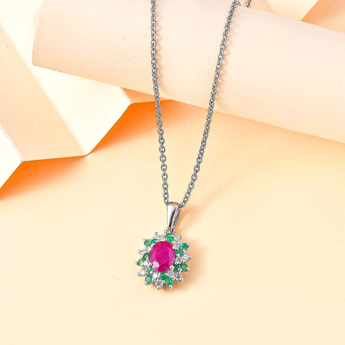John Saul Ruby, Emerald and Moissanite Halo Pendant with Chain (Size 20) in Rhodium Overlay Sterling Silver 2.53 ct. 4290042 3