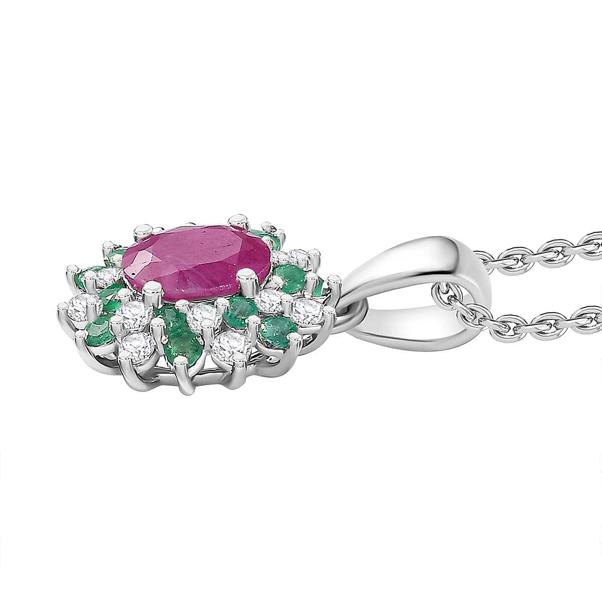 John Saul Ruby, Emerald and Moissanite Halo Pendant with Chain (Size 20) in Rhodium Overlay Sterling Silver 2.53 ct. 4290042 4