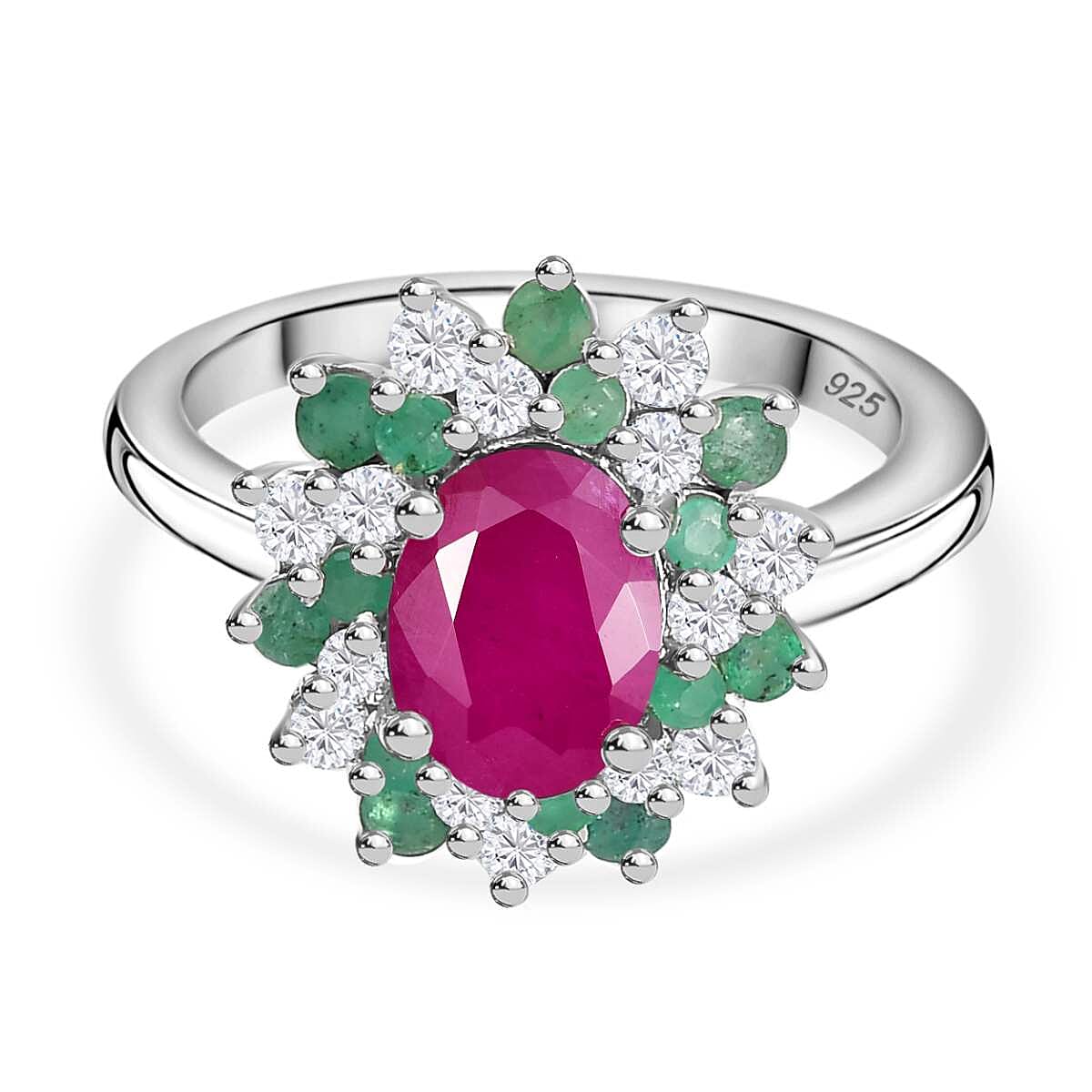 John Saul Ruby, Emerald and Moissanite Floral Ring in Rhodium Overlay Sterling Silver 7827478 0
