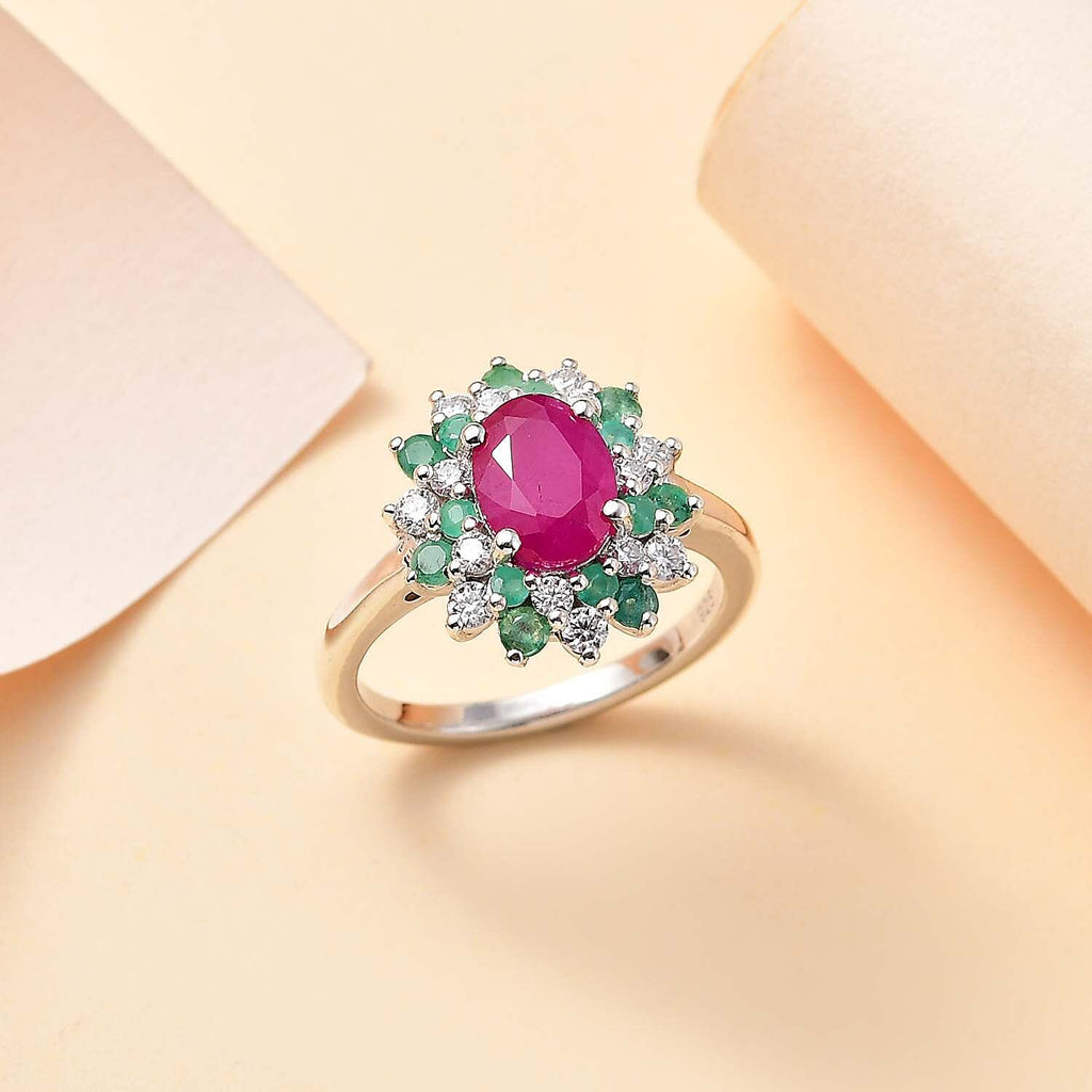 John Saul Ruby, Emerald and Moissanite Floral Ring in Rhodium Overlay Sterling Silver 2.48 Ct.