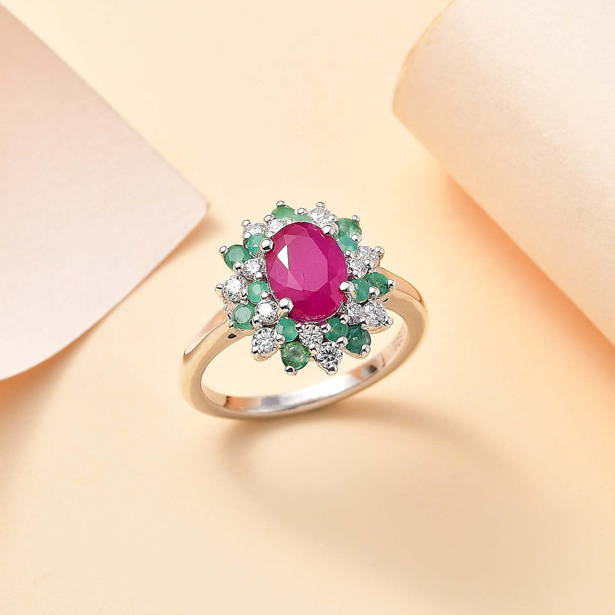 John Saul Ruby, Emerald and Moissanite Floral Ring in Rhodium Overlay Sterling Silver 7827478 1
