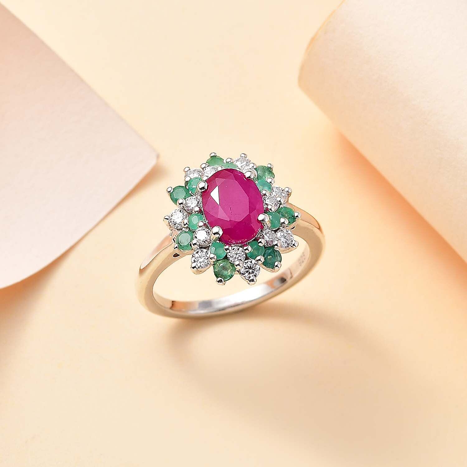 John Saul Ruby, Emerald and Moissanite Floral Ring in Rhodium Overlay Sterling Silver 7827478 1