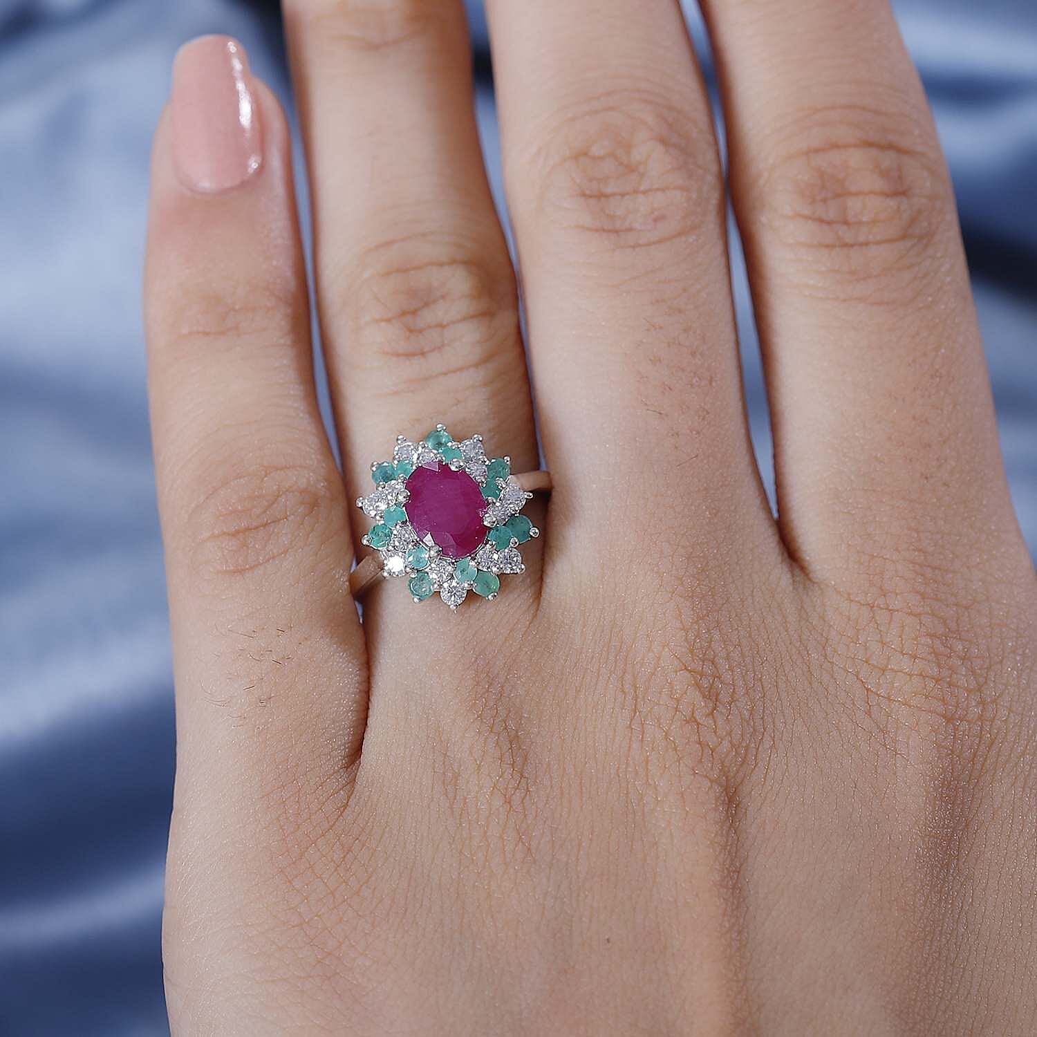 John Saul Ruby, Emerald and Moissanite Floral Ring in Rhodium Overlay Sterling Silver 7827478 2