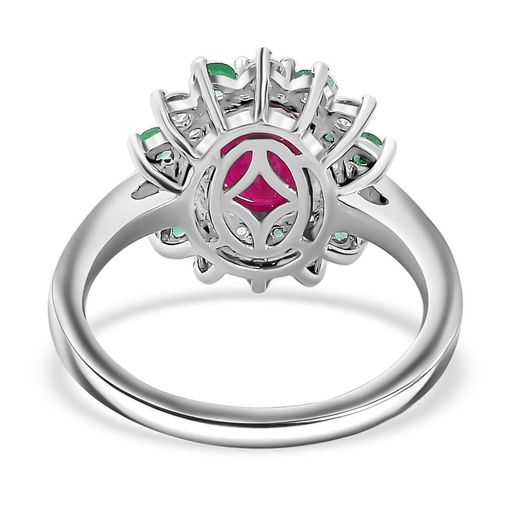 John Saul Ruby, Emerald and Moissanite Floral Ring in Rhodium Overlay Sterling Silver 2.48 Ct.