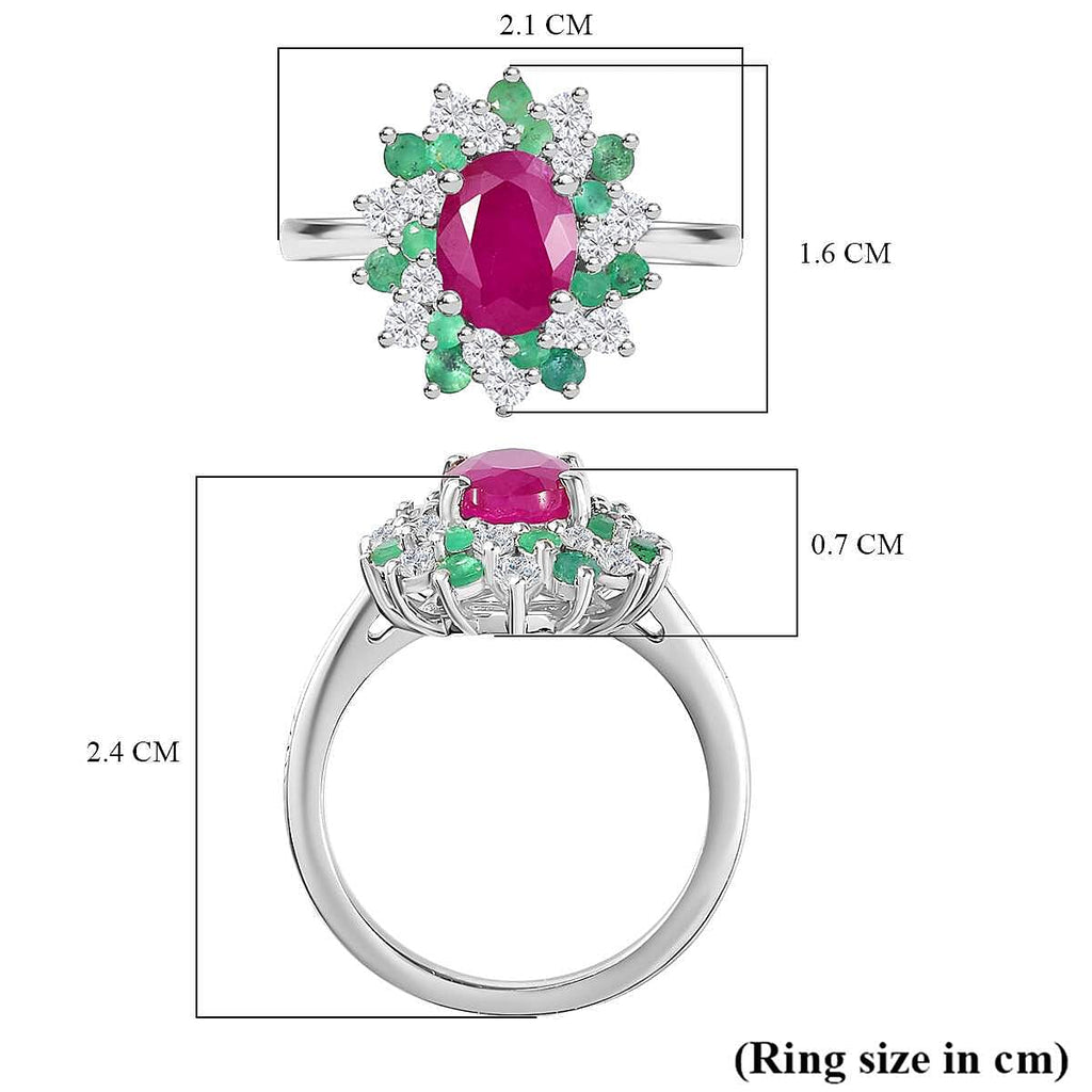 John Saul Ruby, Emerald and Moissanite Floral Ring in Rhodium Overlay Sterling Silver 2.48 Ct.